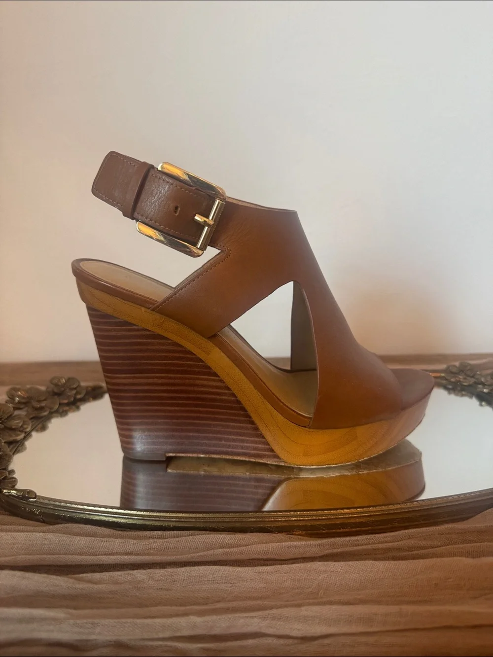 Michael Kors Brown Leather Wedge Sandals with Buckle. 6 1/2